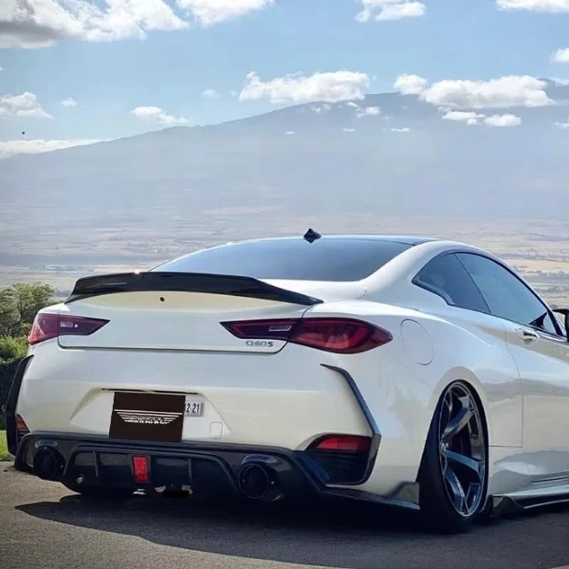 Carbon Fiber Wet Carbon Ducktail Rear Spoiler for Q60S Coupe 2015-2020 Trunk Lid High Quality Polished Finish 2